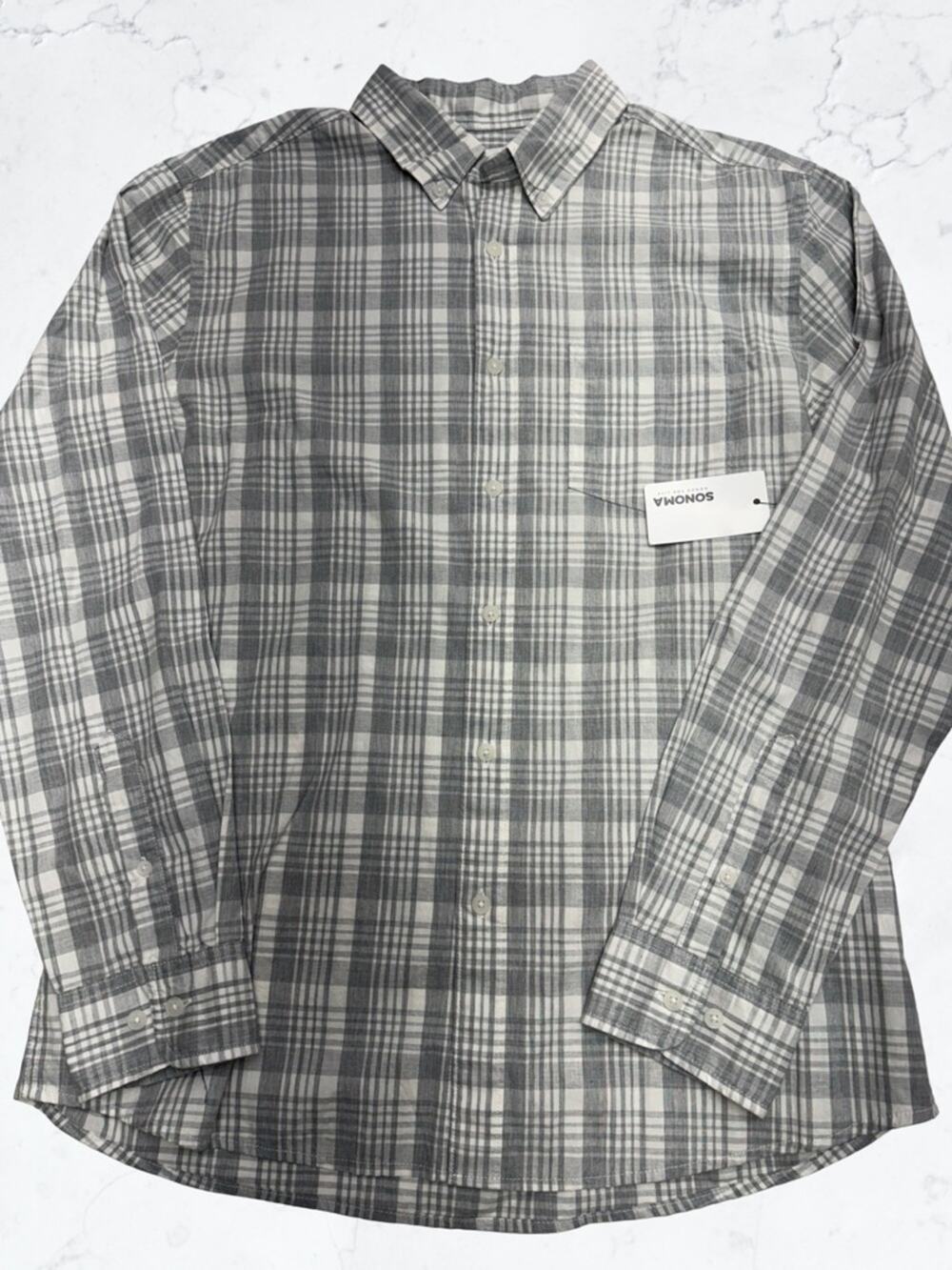 SONOMA Men’s Large Gray Plaid PERFECT LENGTH SHIRT